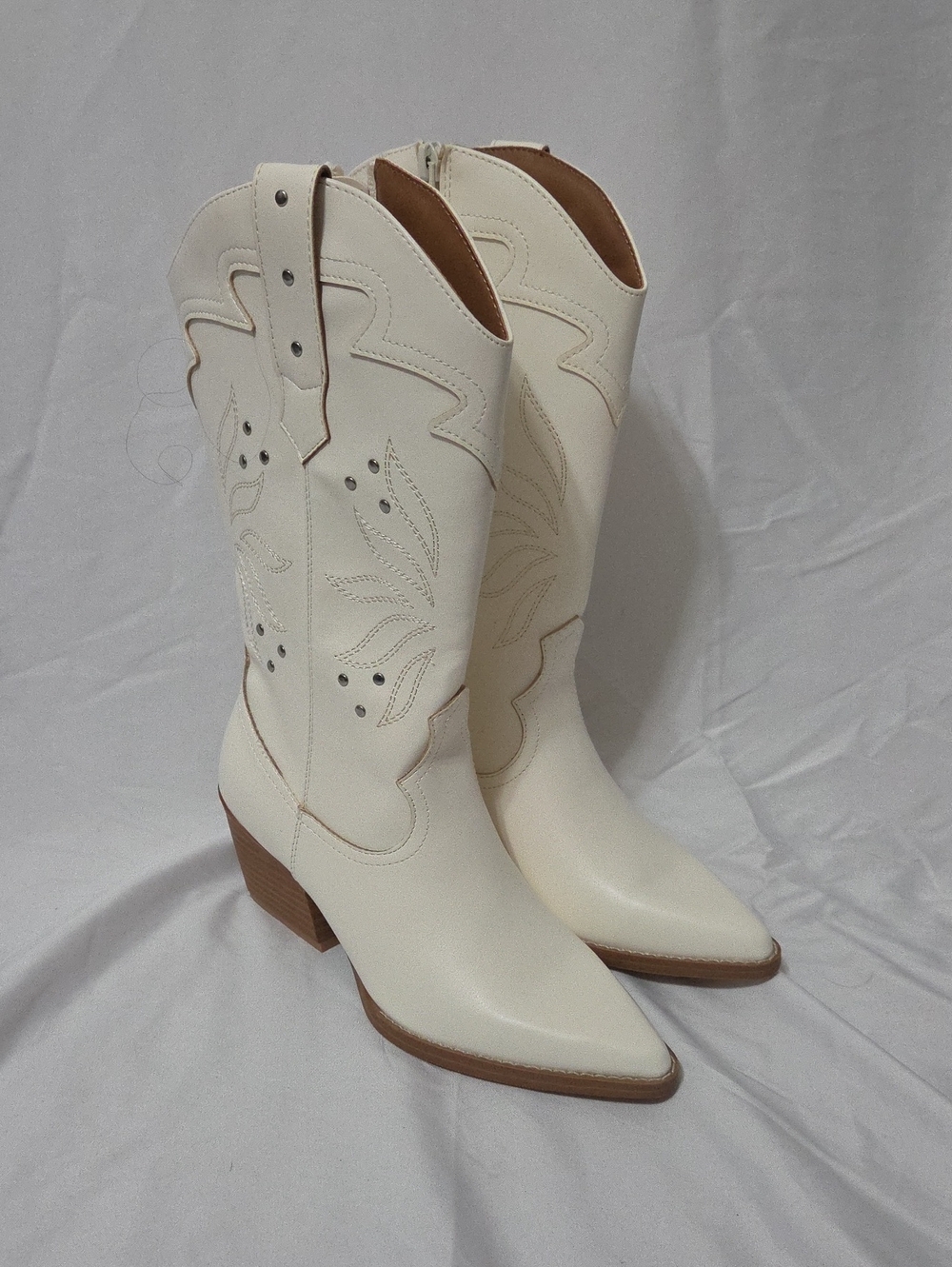 Ivory Western Style Pointed-Toe Mid-Calf Heeled Cowboy Boots, Size 6, New w/Tags